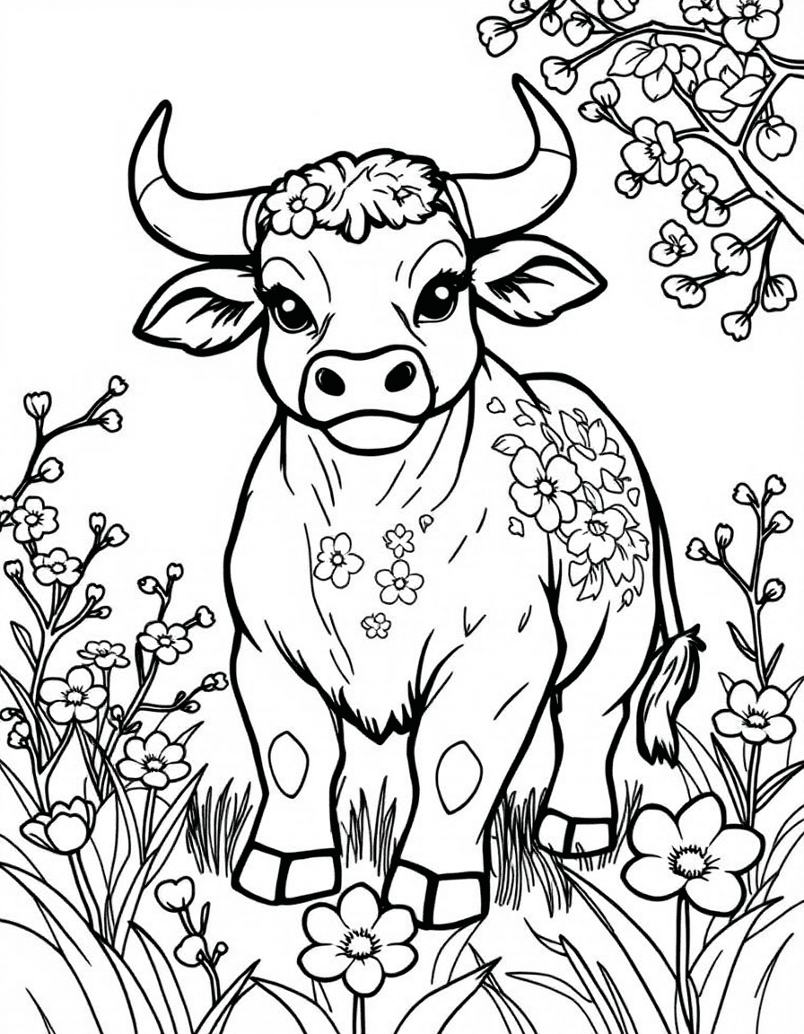 Coloriage Signes astrologiques chinois - Bœuf du zodiaque chinois orné de motifs floraux se tenant dans une prairie de cerisiers en fleurs, traits nets.