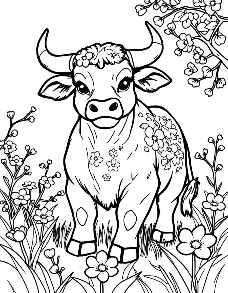 Coloriage Signes astrologiques chinois - Bœuf du zodiaque chinois orné de motifs floraux se tenant dans une prairie de cerisiers en fleurs, traits nets.
