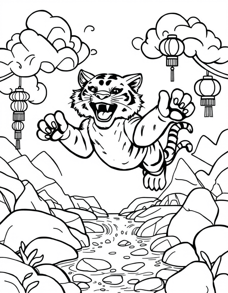 Coloriage Signes astrologiques chinois - Tigre du zodiaque chinois bondissant au-dessus d'un ruisseau au milieu de nuages stylisés et lampions, dessin simple.