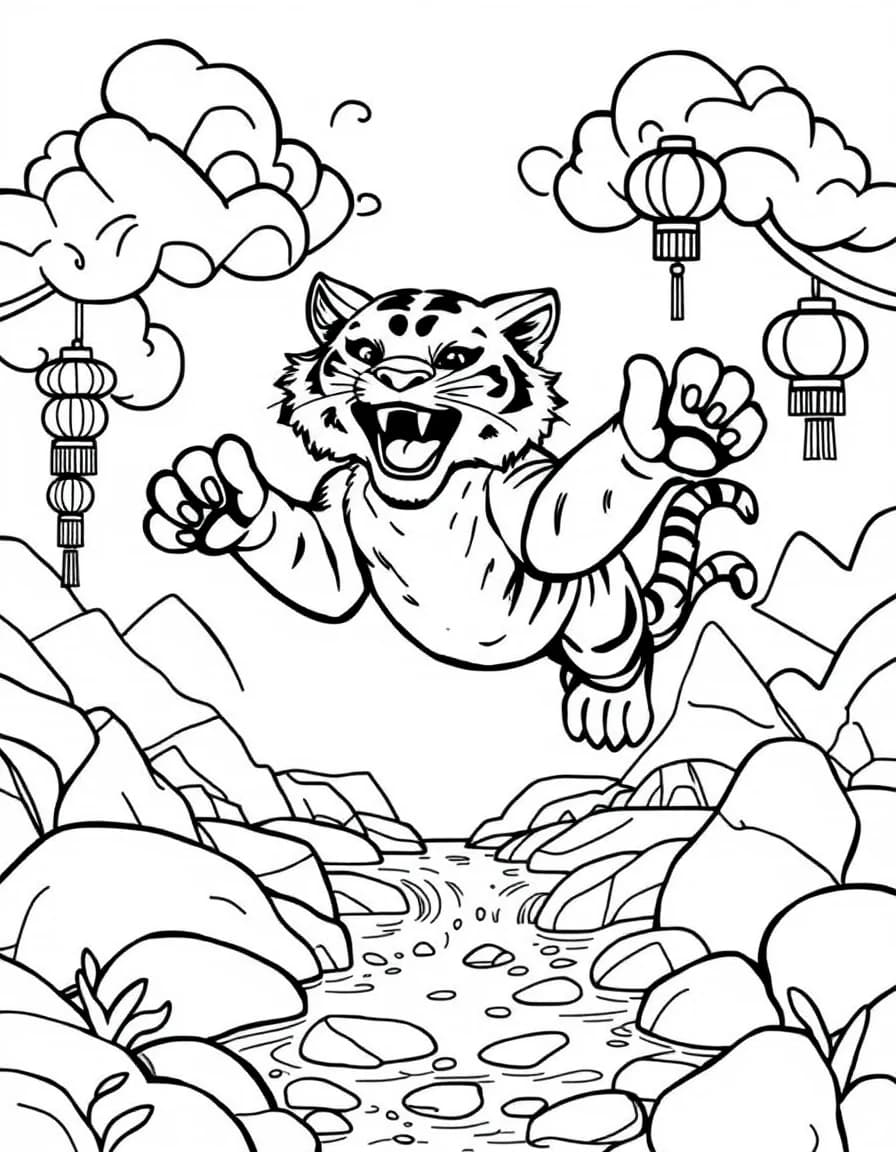 Coloriage Signes astrologiques chinois - Tigre du zodiaque chinois bondissant au-dessus d'un ruisseau au milieu de nuages stylisés et lampions, dessin simple.