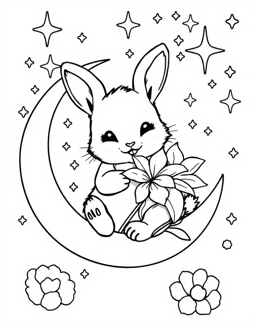 Coloriage Signes astrologiques chinois - Lapin du zodiaque chinois assis sur un croissant de lune avec une fleur sous les étoiles, contours bien définis.