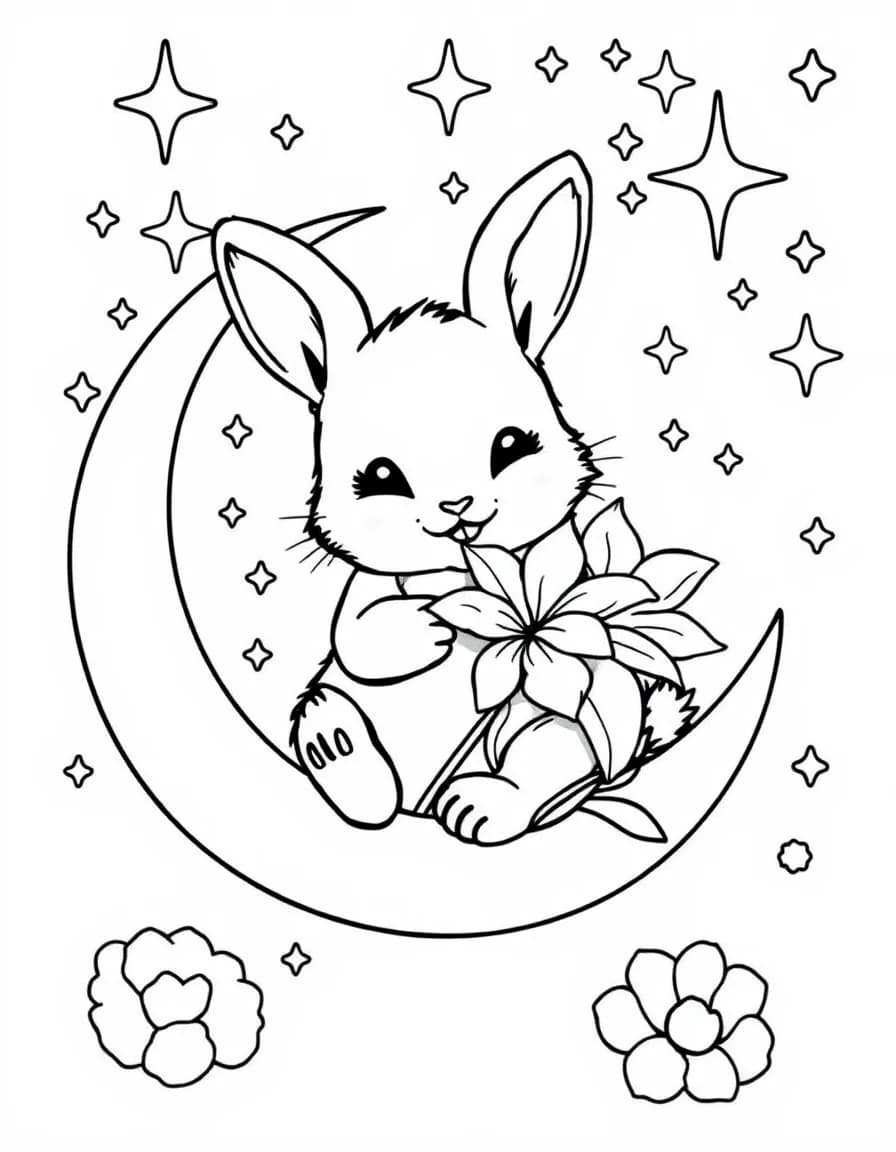 Coloriage Signes astrologiques chinois - Lapin du zodiaque chinois assis sur un croissant de lune avec une fleur sous les étoiles, contours bien définis.