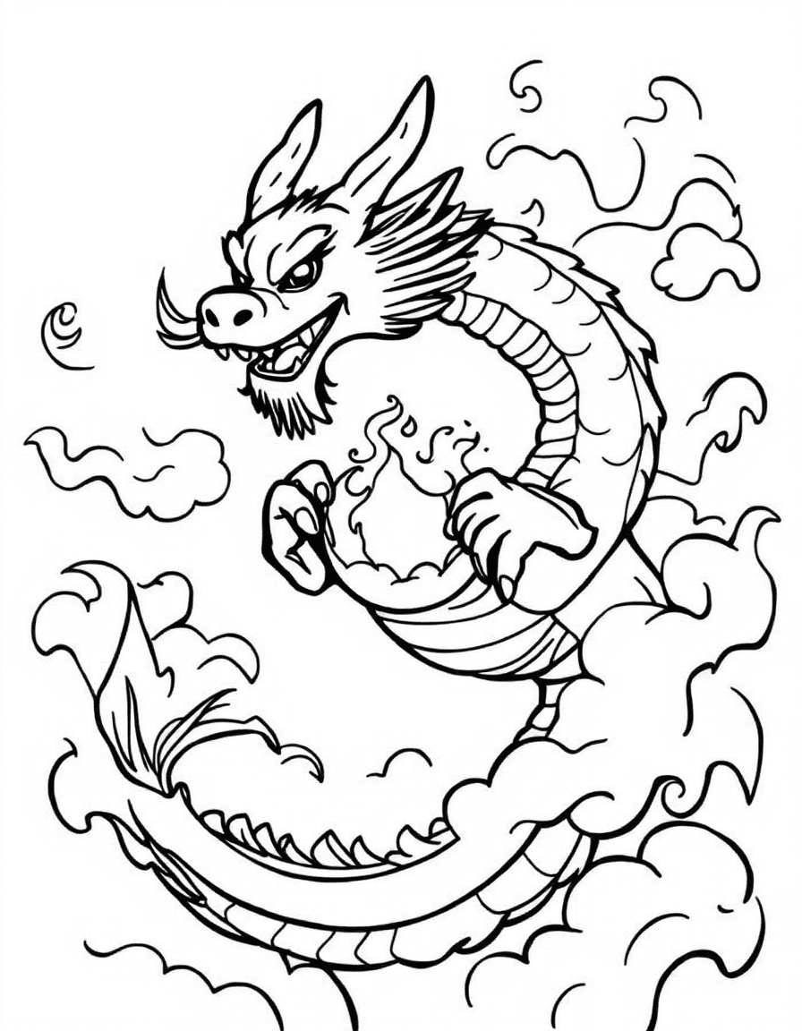 Coloriage Signes astrologiques chinois - Dragon du zodiaque chinois ondulant dans les nuages célestes tenant la perle sacrée de sagesse, contours nets.