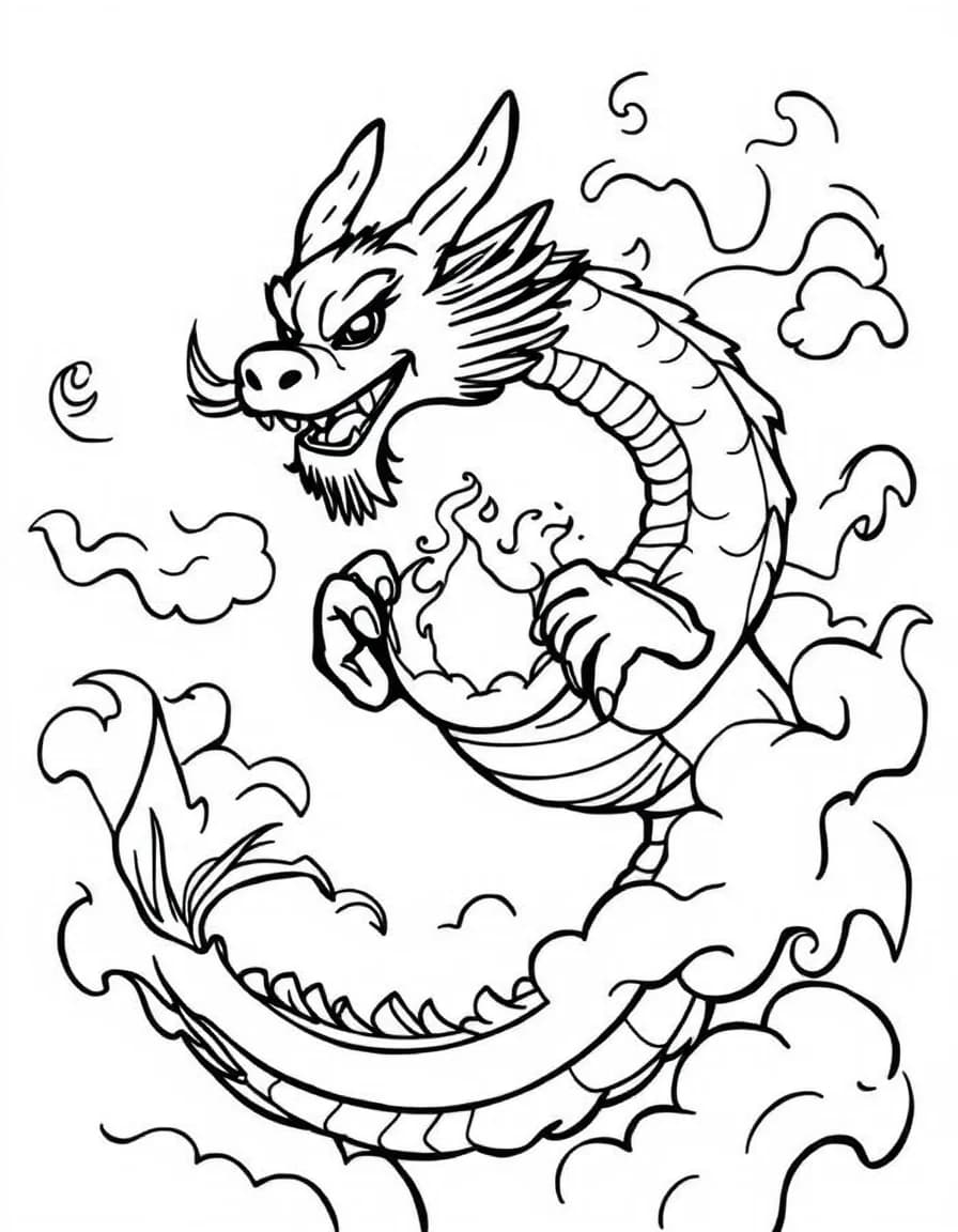 Coloriage Signes astrologiques chinois - Dragon du zodiaque chinois ondulant dans les nuages célestes tenant la perle sacrée de sagesse, contours nets.