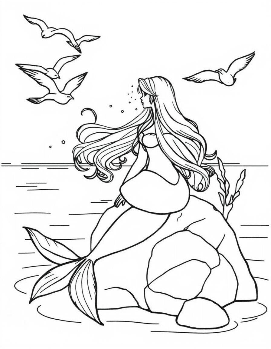 Coloriage Sirène - Belle sirène de conte aux longs cheveux ondulés assise sur un rocher marin regardant des mouettes, contours nets.