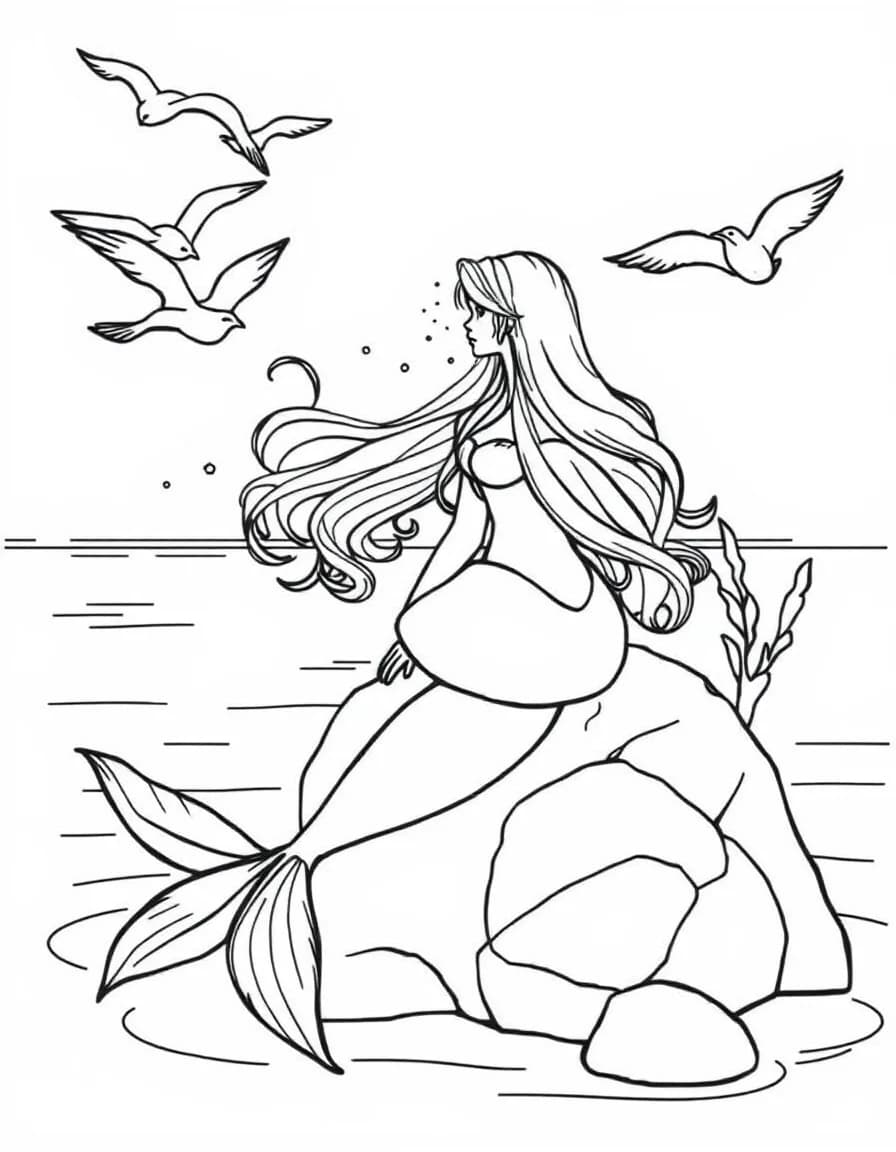 Coloriage Sirène - Belle sirène de conte aux longs cheveux ondulés assise sur un rocher marin regardant des mouettes, contours nets.