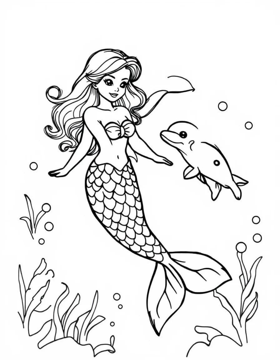 Coloriage Sirène - Sirène gracieuse nageant joyeusement dans les vagues avec une maman dauphin et son petit, traits nets sans ombrage.