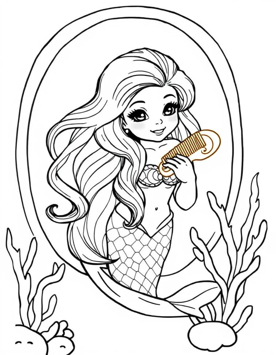 Coloriage Sirène - Sirène coiffant sa longue chevelure avec un peigne coquillage devant un miroir de corail, dessin simple.