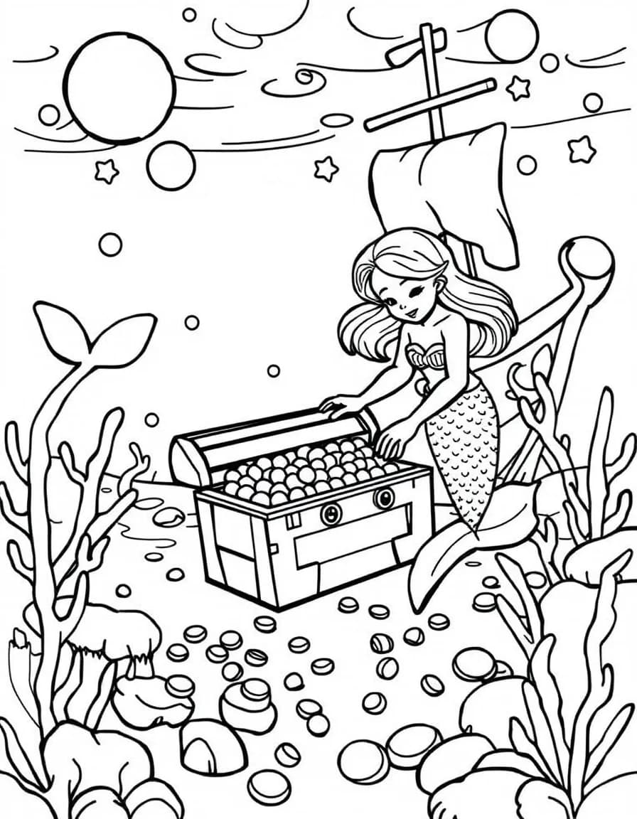 Coloriage Sirène - Sirène explorant une épave engloutie découvrant un coffre aux trésors débordant de perles, contours nets.