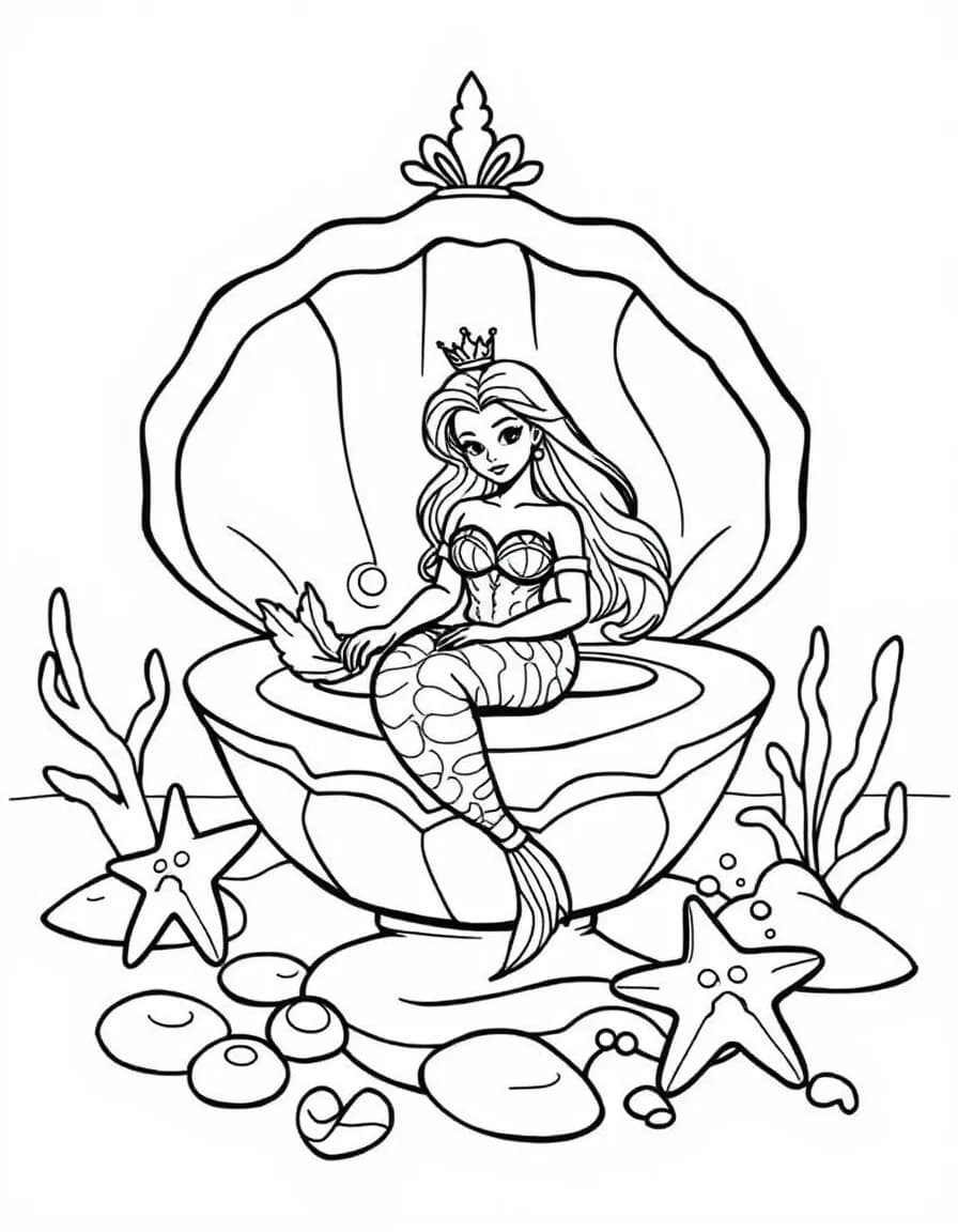 Coloriage Sirène - Princesse sirène assise dans un trône de coquillage géant avec étoiles de mer et perles marines, contours nets.