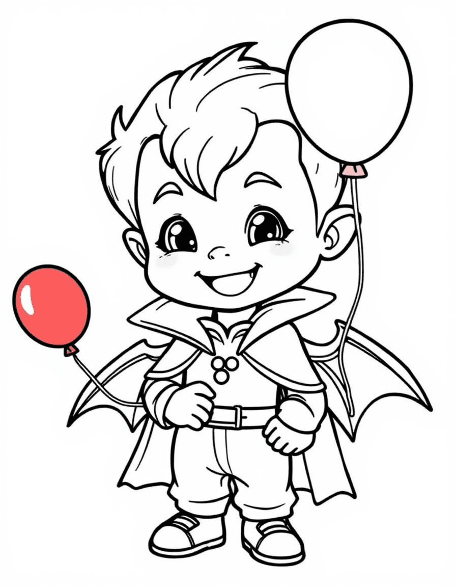 Coloriage Vampire - Petit vampire rigolo en cape à col montant souriant avec ses petites canines et tenant un ballon, contours nets.