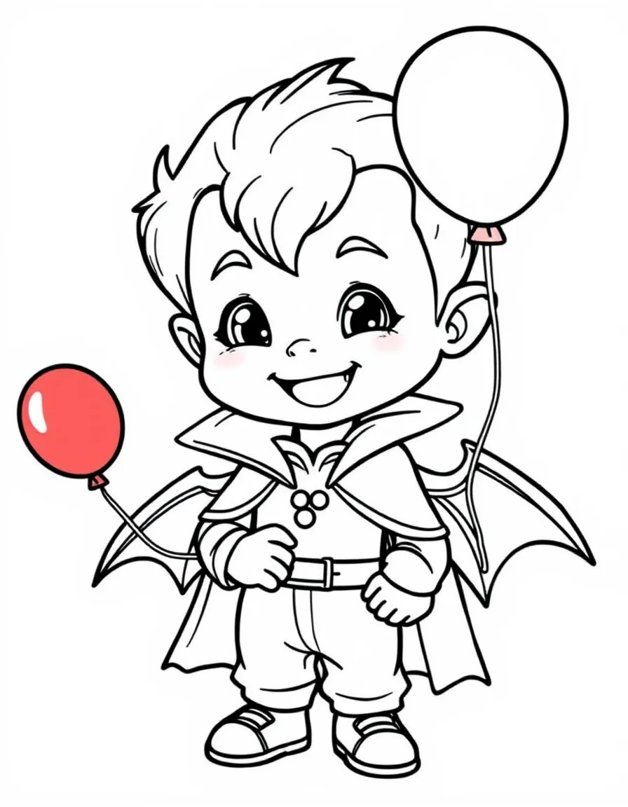 Coloriage Vampire - Petit vampire rigolo en cape à col montant souriant avec ses petites canines et tenant un ballon, contours nets.