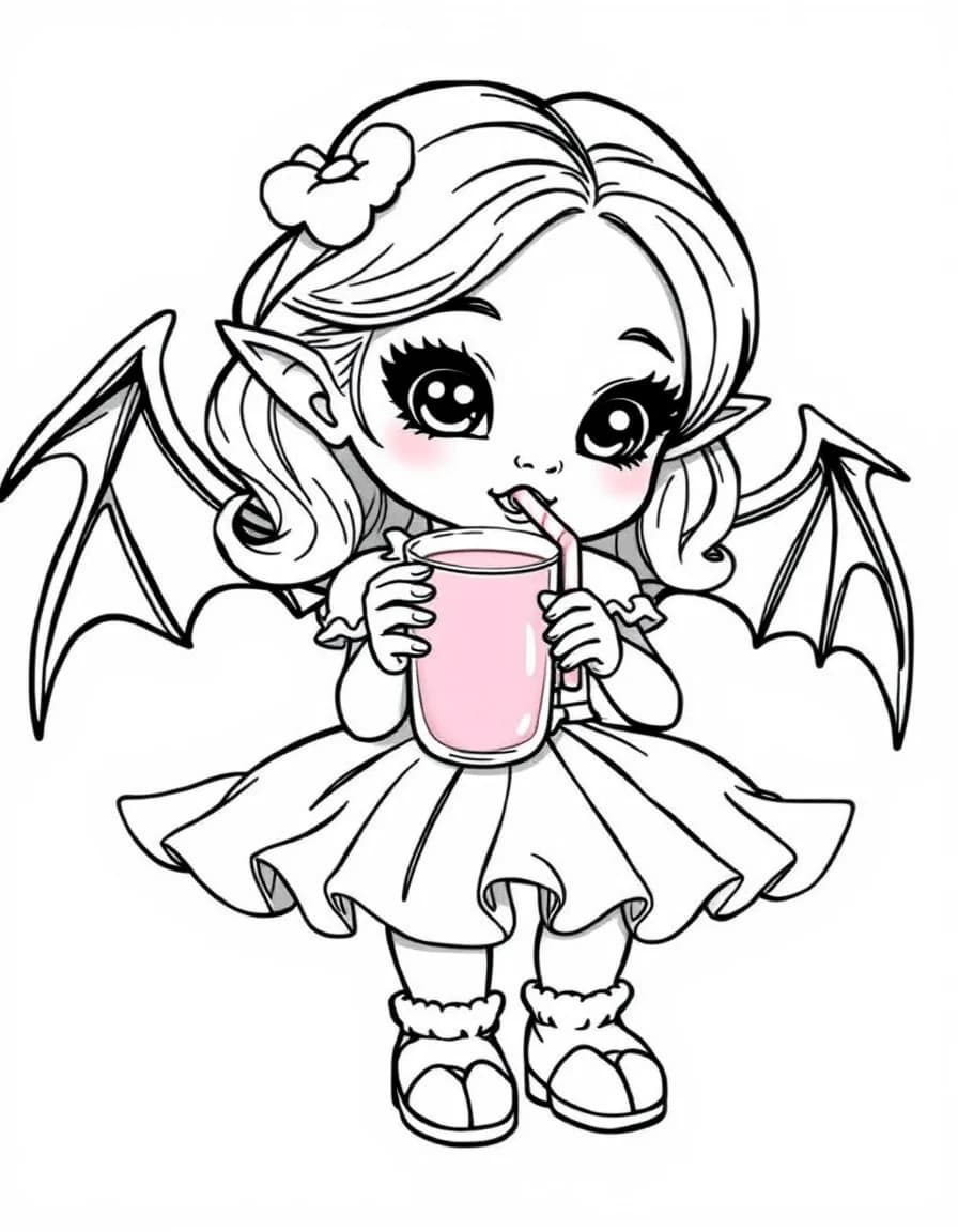Coloriage Vampire - Petite fille vampire en robe à froufrous dégustant un jus de cerise avec une paille ondulée, dessin simple.