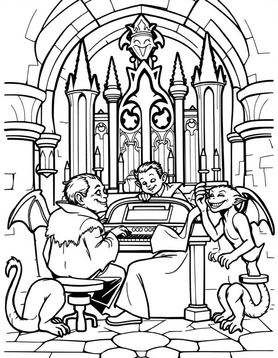 Coloriage Vampire - Vampire musicien jouant d'un grand orgue dans la salle du château sous les chandelles, contours bien définis.