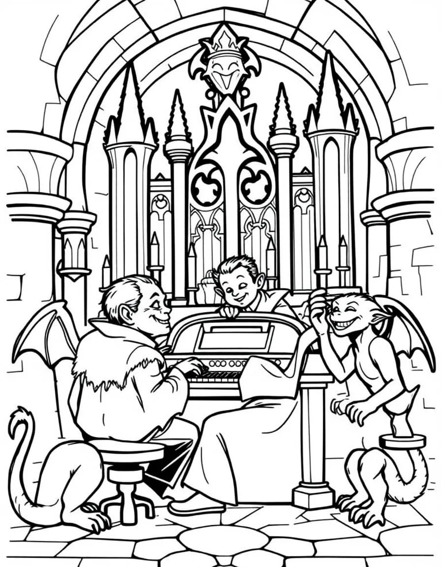 Coloriage Vampire - Vampire musicien jouant d'un grand orgue dans la salle du château sous les chandelles, contours bien définis.