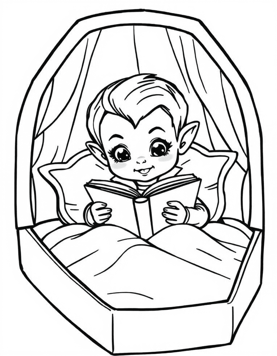 Coloriage Vampire - Enfant vampire lisant un livre de contes blotti dans son lit douillet avec gros coussins, contours nets.