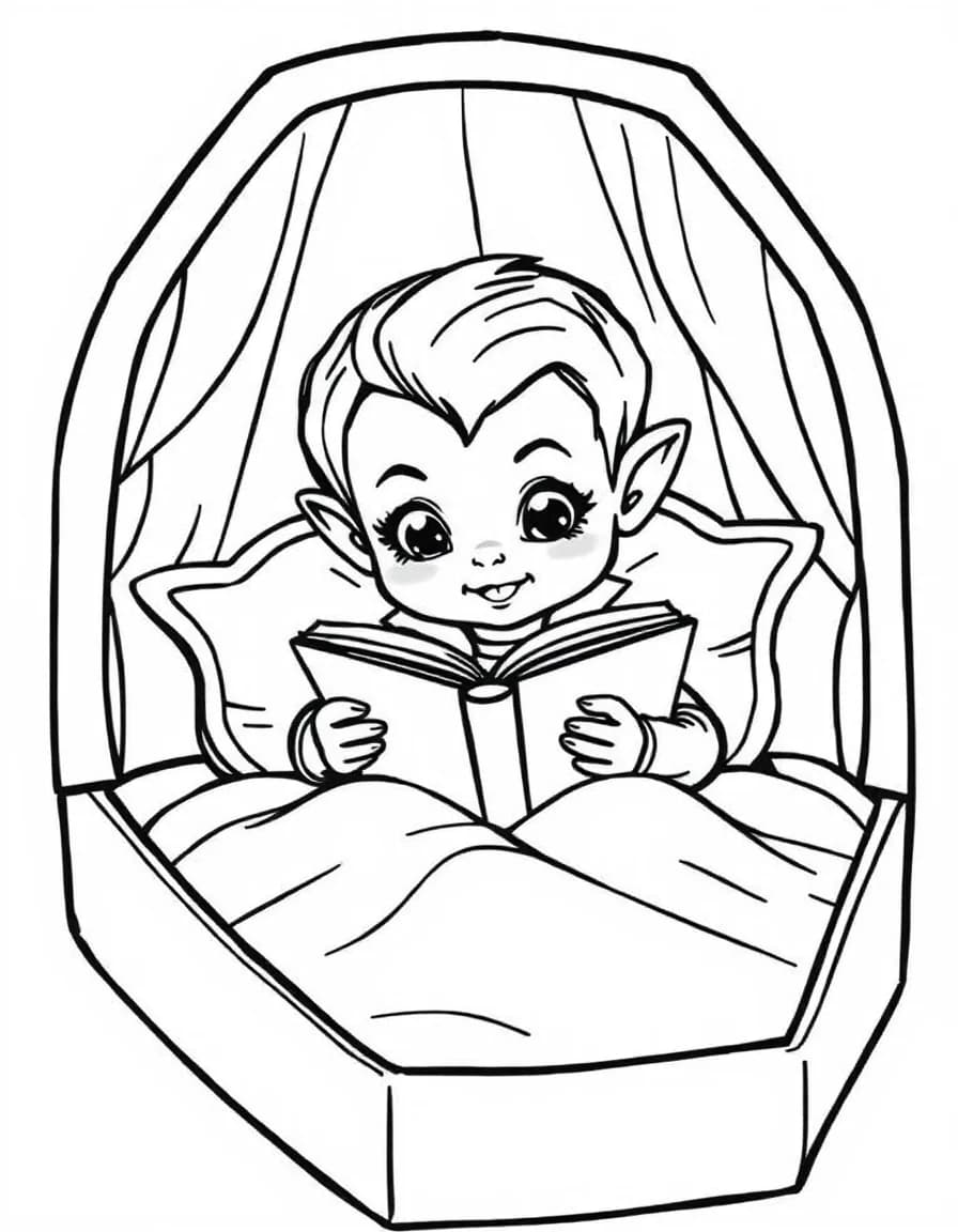 Coloriage Vampire - Enfant vampire lisant un livre de contes blotti dans son lit douillet avec gros coussins, contours nets.