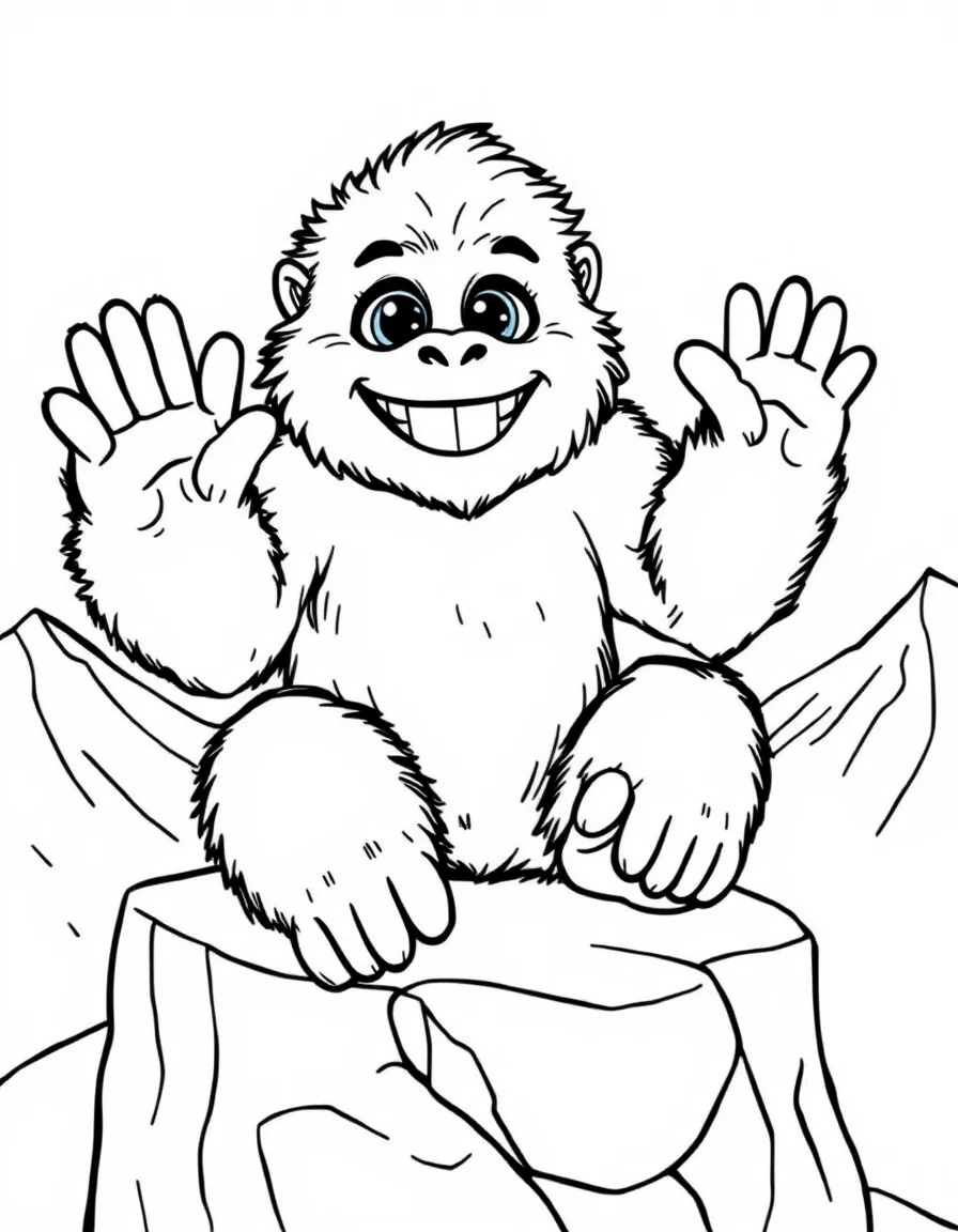 Coloriage Yeti - Gentil géant yéti tout blanc et poilu assis sur un rocher enneigé souriant et faisant coucou, contours nets.