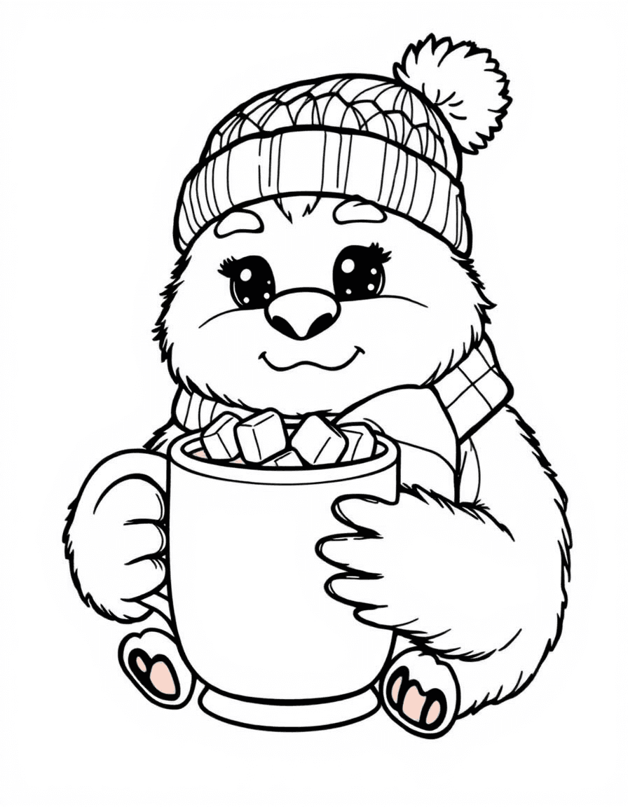 Coloriage Yeti - Yéti chaleureux en bonnet à pompon et écharpe rayée buvant un chocolat chaud aux guimauves, traits nets.