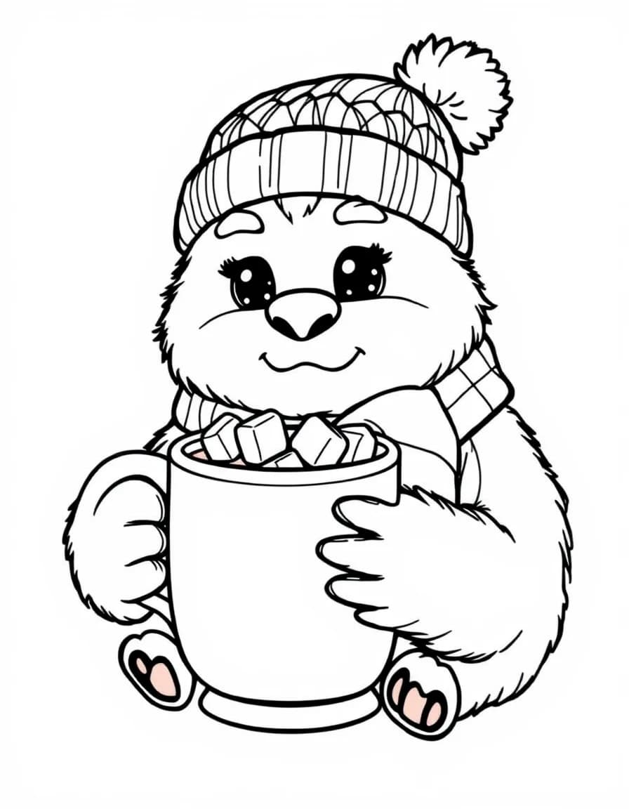 Coloriage Yeti - Yéti chaleureux en bonnet à pompon et écharpe rayée buvant un chocolat chaud aux guimauves, traits nets.