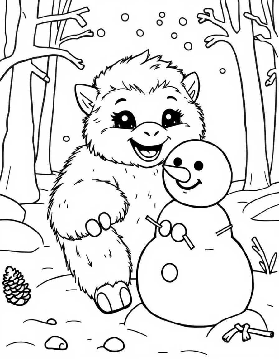Coloriage Yeti - Bébé yéti construisant un bonhomme de neige rigolo avec des boutons en pomme de pin dans les bois, dessin simple.
