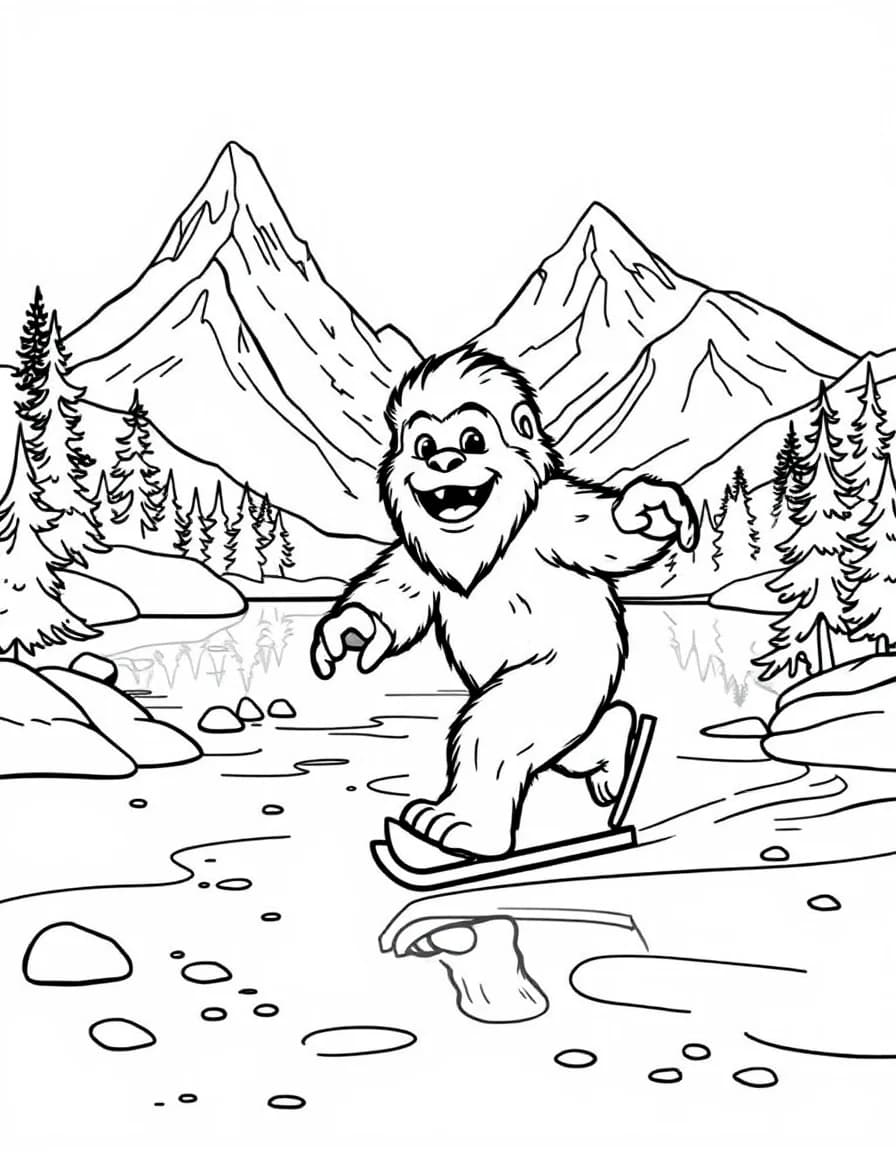 Coloriage Yeti - Yéti joueur patinant gracieusement sur un lac de montagne gelé bordé de hauts sapins, contours bien définis.