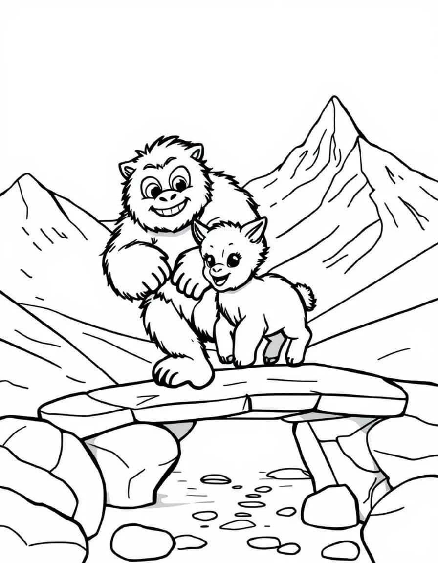 Coloriage Yeti - Yéti au grand cœur portant un petit chevreau de montagne pour l'aider à traverser un pont de neige, contours nets.