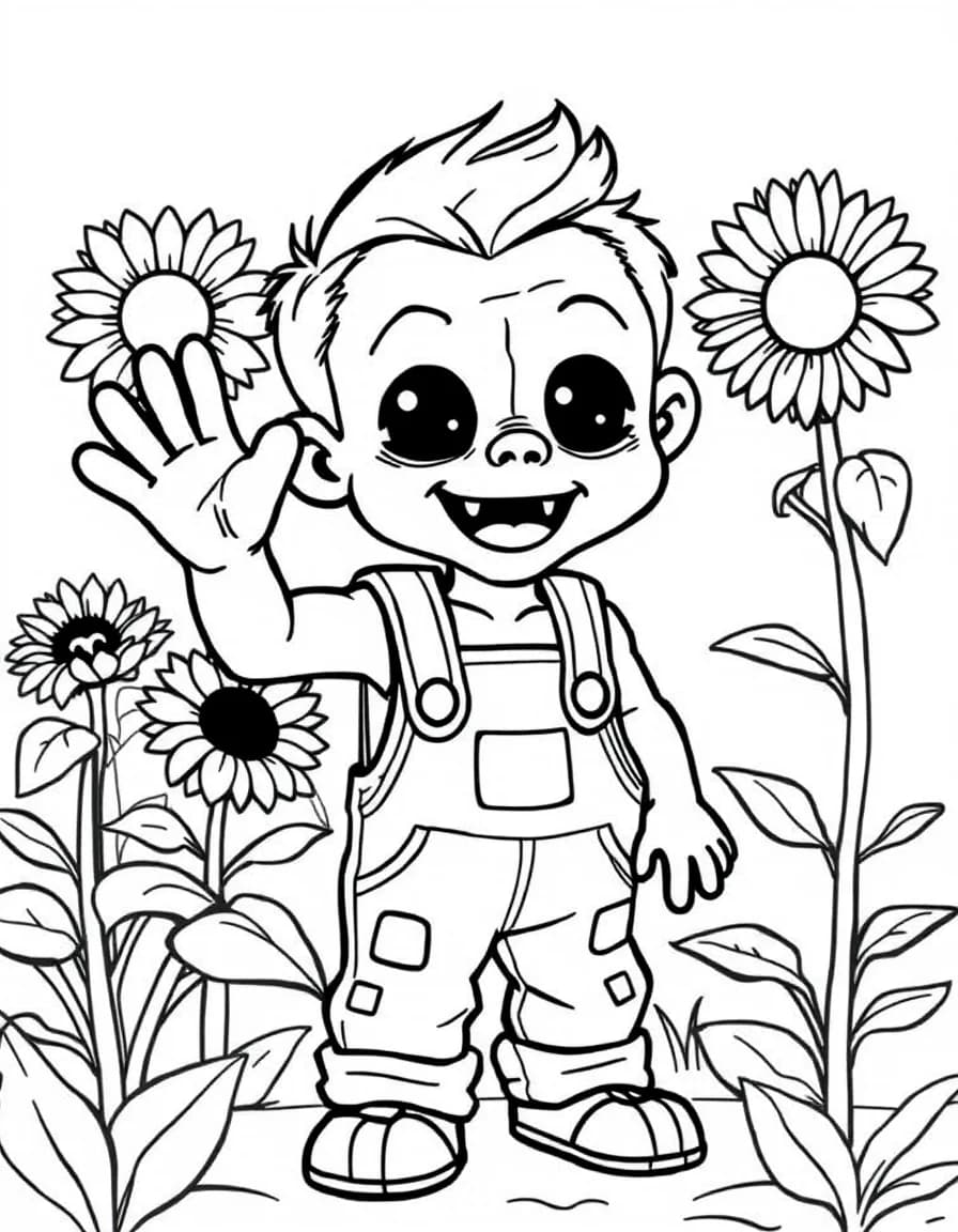 Coloriage Zombie - Petit zombie rigolo et amical en salopette rapiécée souriant et saluant dans un jardin de tournesols, contours nets.