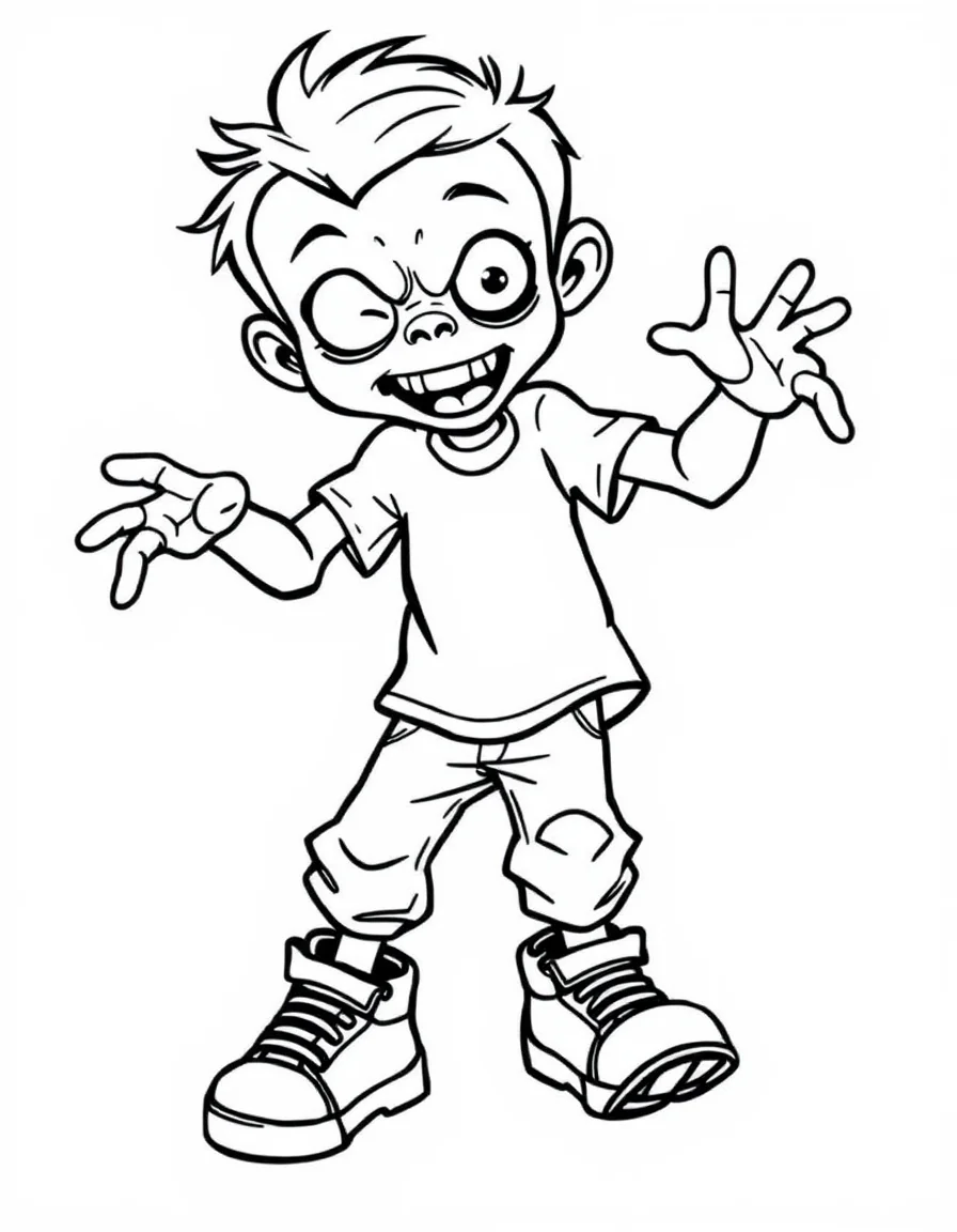 Coloriage Zombie - Zombie rigolo dansant une gigue amusante avec des baskets dépareillées, traits nets sans ombrage.