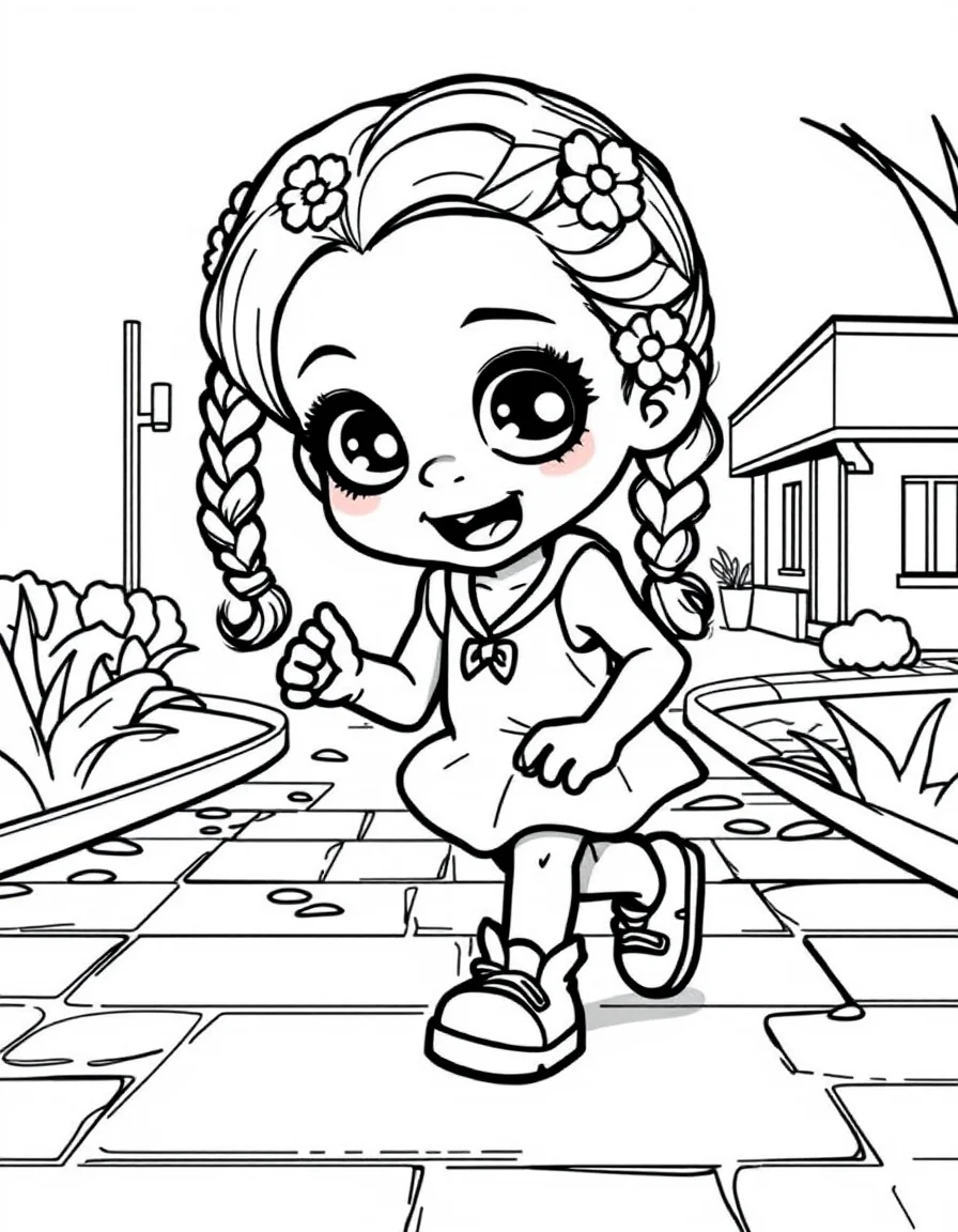 Coloriage Zombie - Petite fille zombie aux nattes ornées de marguerites jouant à la marelle sur un chemin pavé, dessin simple.