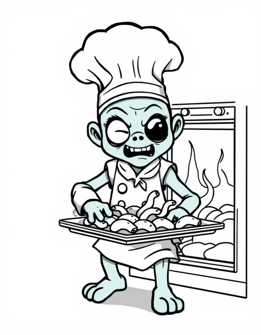 Coloriage Zombie - Chef zombie cuisinier sortant une plaque de biscuits sablés en forme de petits vers du four, contours nets.