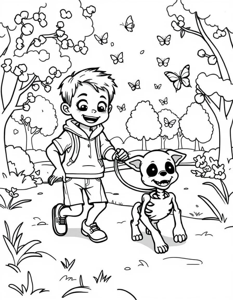 Coloriage Zombie - Garçon zombie promenant son petit chiot squelette en laisse dans un parc ensoleillé avec des papillons, contours nets.