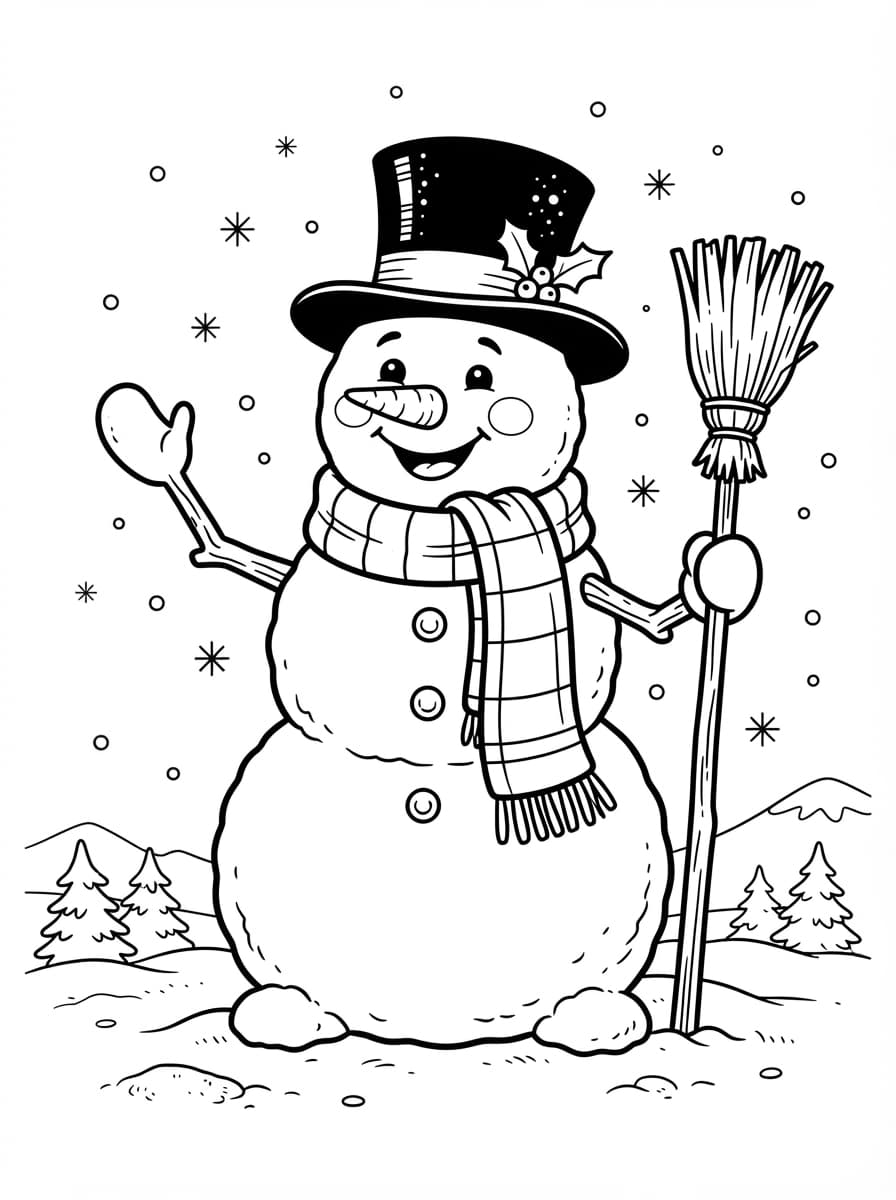 Coloriage Bonhomme de neige d'hiver et son balai