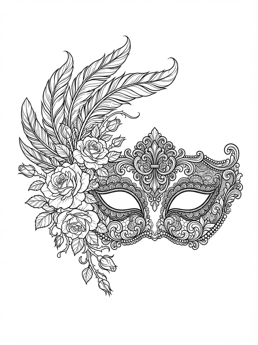 Coloriage Masque Vénitien Gothique et Roses d'Halloween