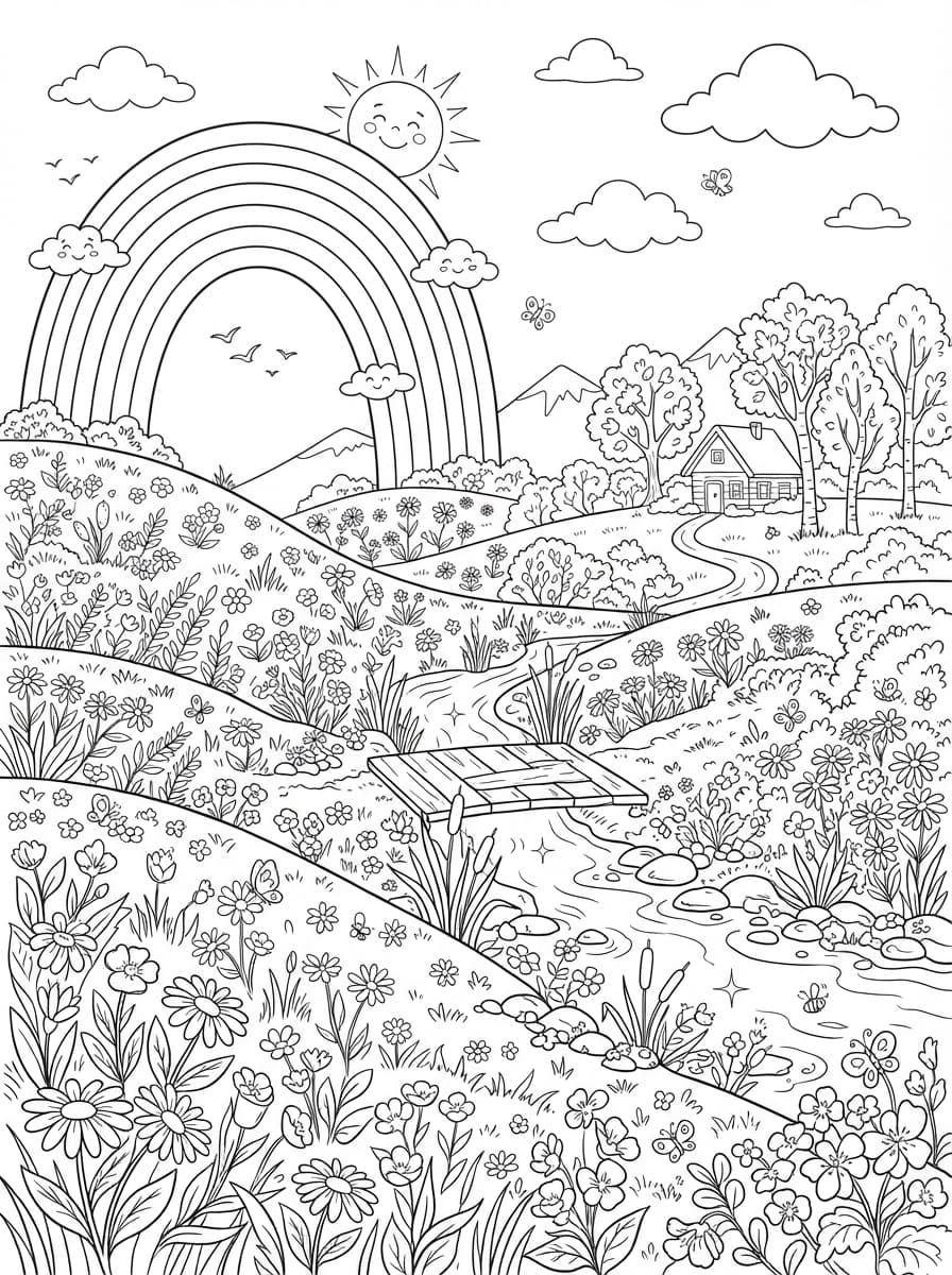 Coloriage Paysage de Printemps et Bel Arc-en-Ciel