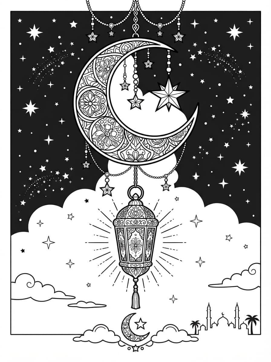 Coloriage Croissant de Lune et Lanterne Fanous de Ramadan