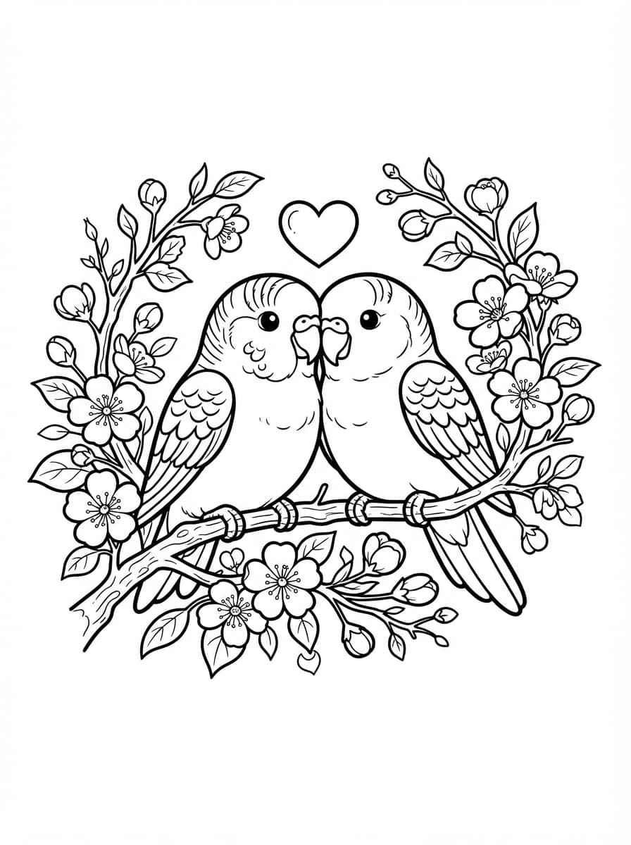 Coloriage Oiseaux Amoureux sur une Branche Fleurie