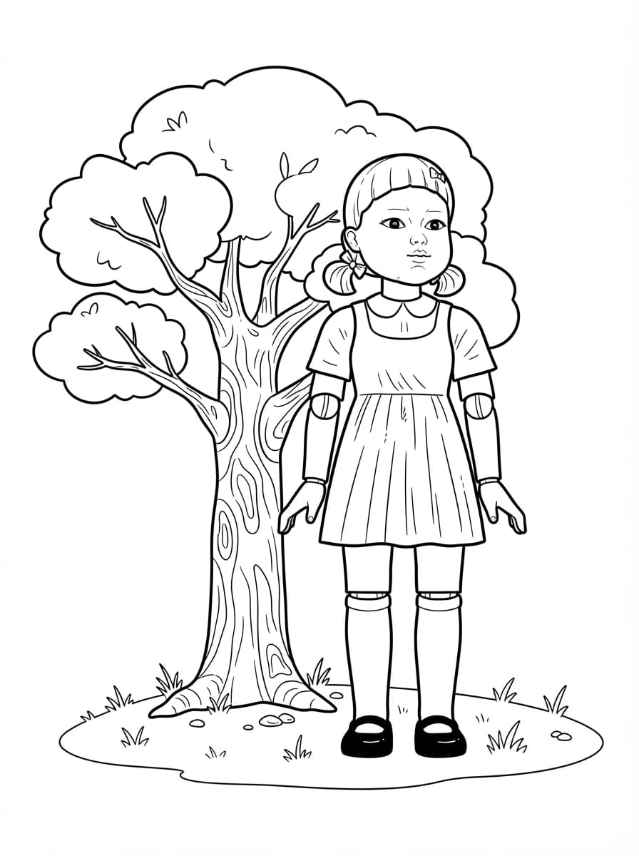 Coloriage La poupée géante Young-hee près de son arbre