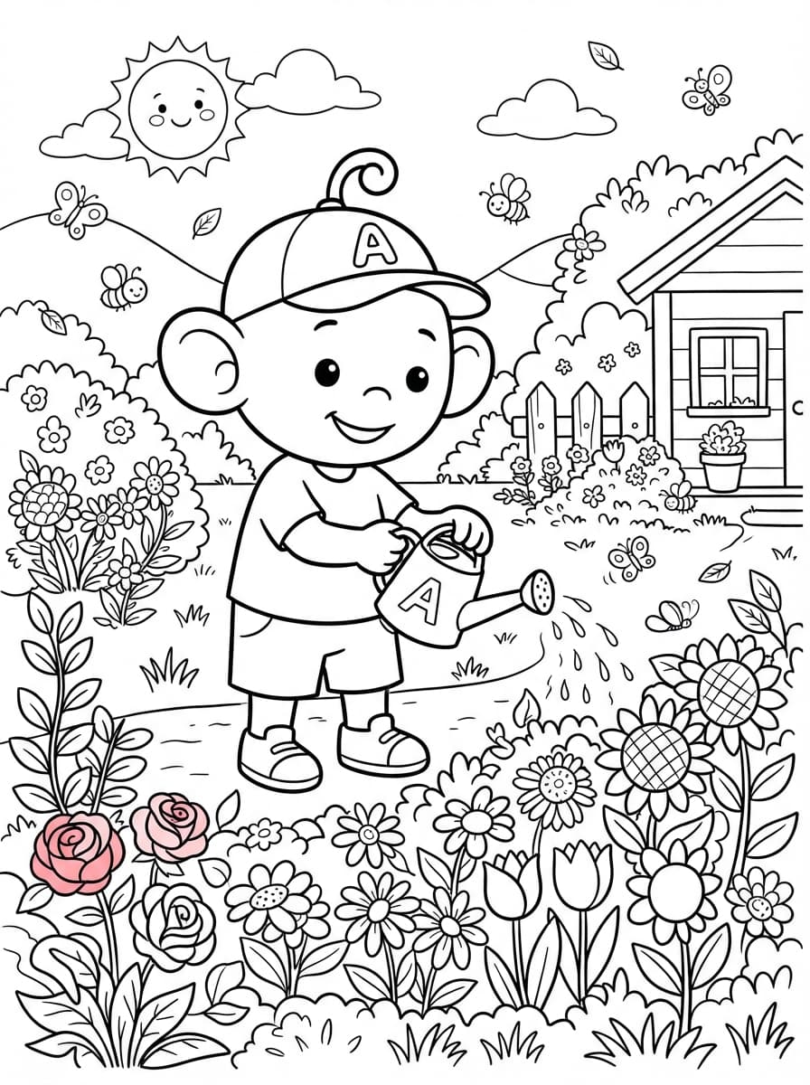 Coloriage Adibou jardine parmi les fleurs
