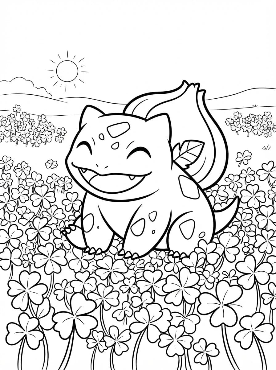 Coloriage Bulbizarre tout sourire dans les trèfles