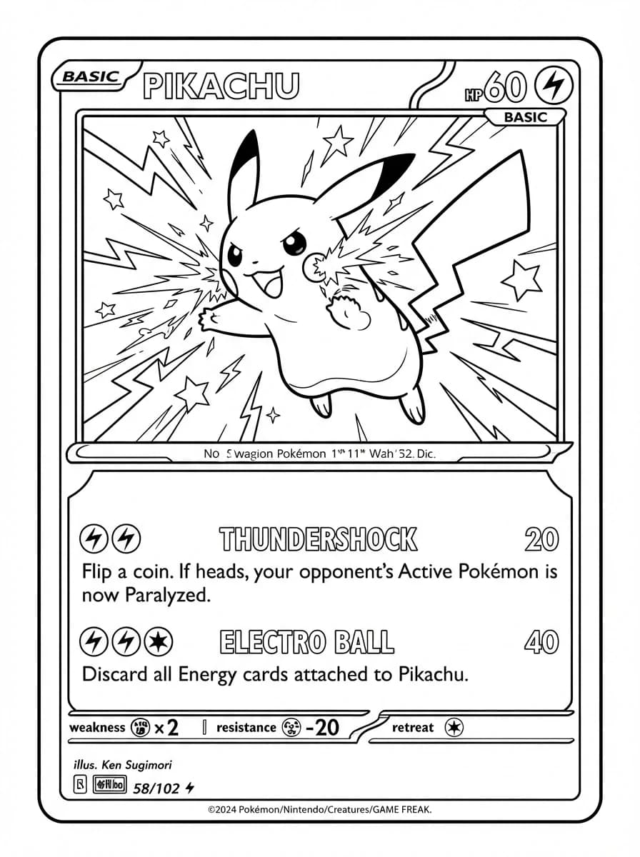Coloriage Carte Pokémon Pikachu et son Attaque Éclair