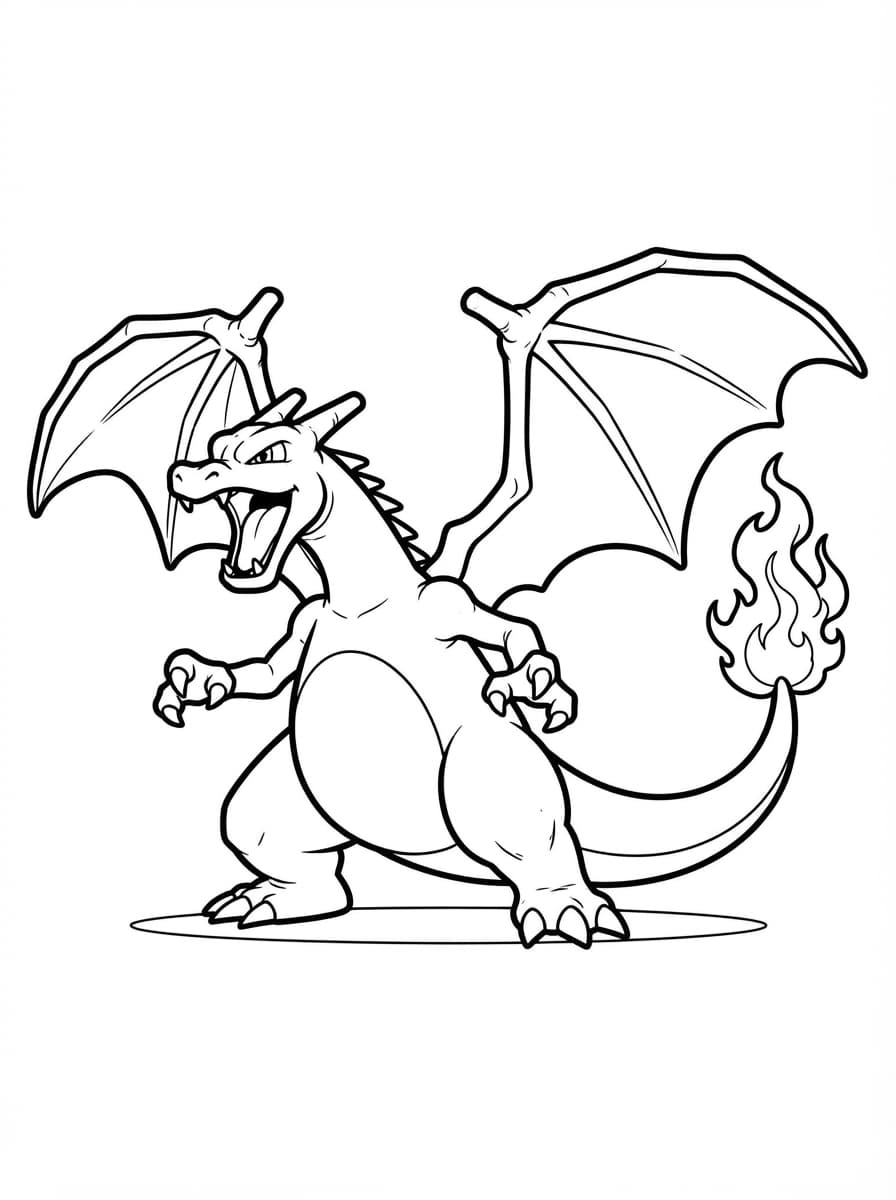 Coloriage Dracaufeu Rugissant aux Ailes Déployées
