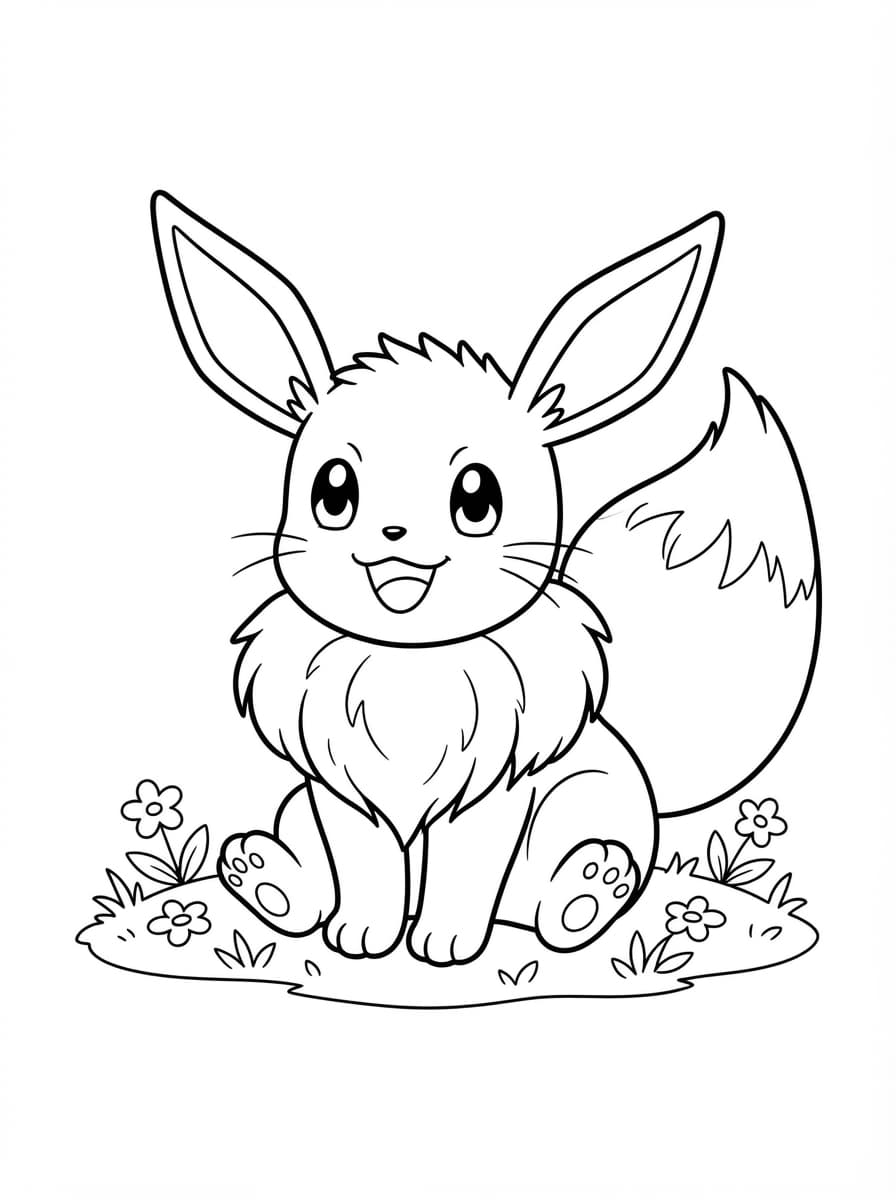 Coloriage Évoli tout souriant assis joyeusement