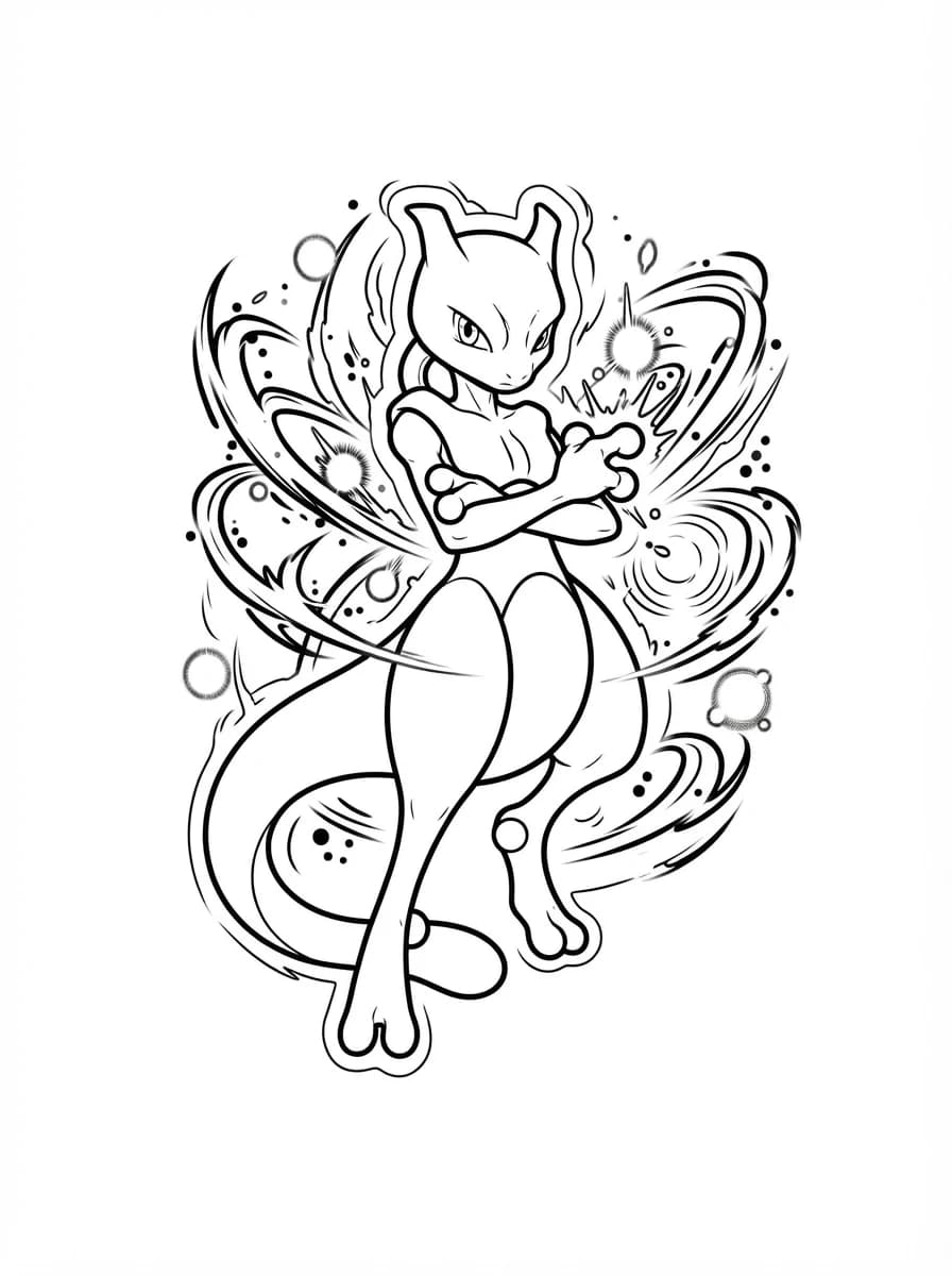 Coloriage Mewtwo en Lévitation et son Énergie Psychique