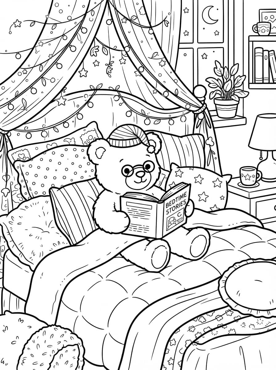Coloriage L'Ours Lecteur et sa Guirlande Magique