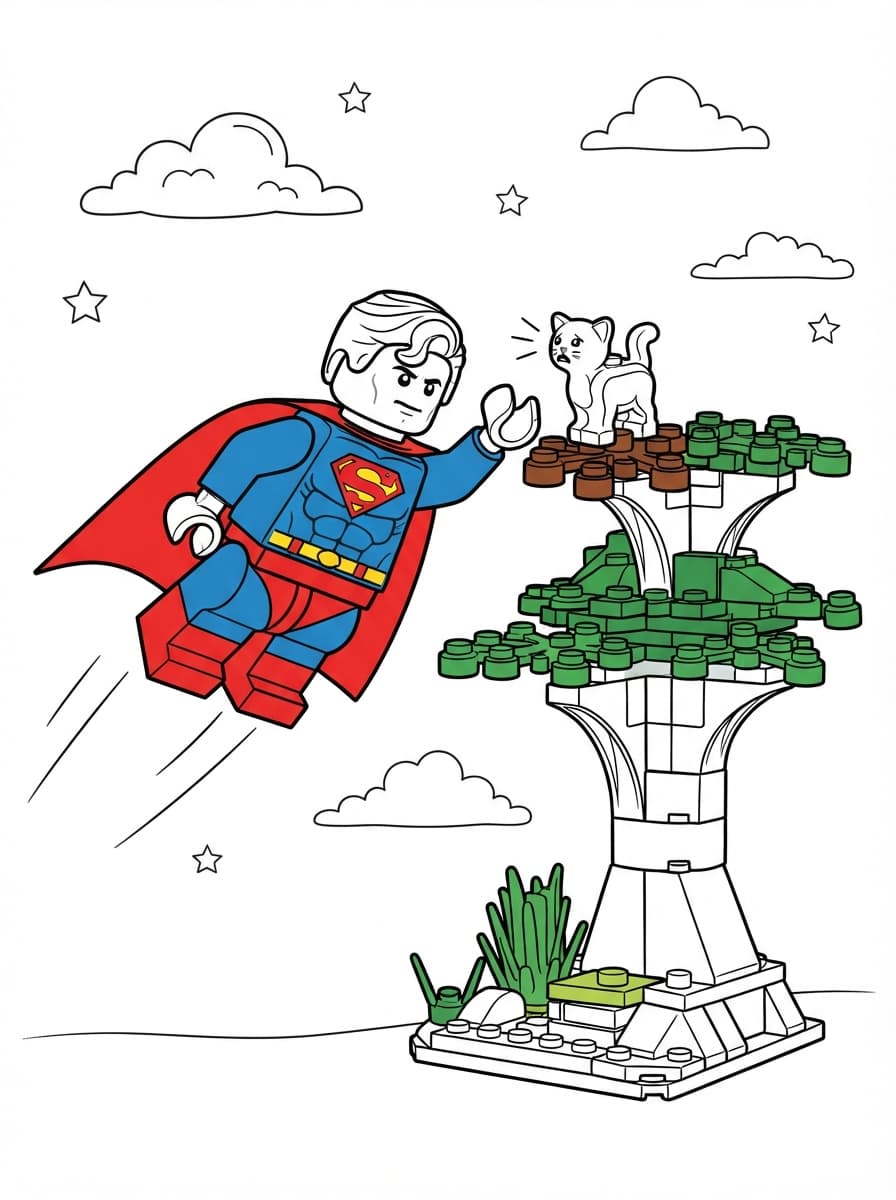 Coloriage LEGO Superman à la rescousse du chaton