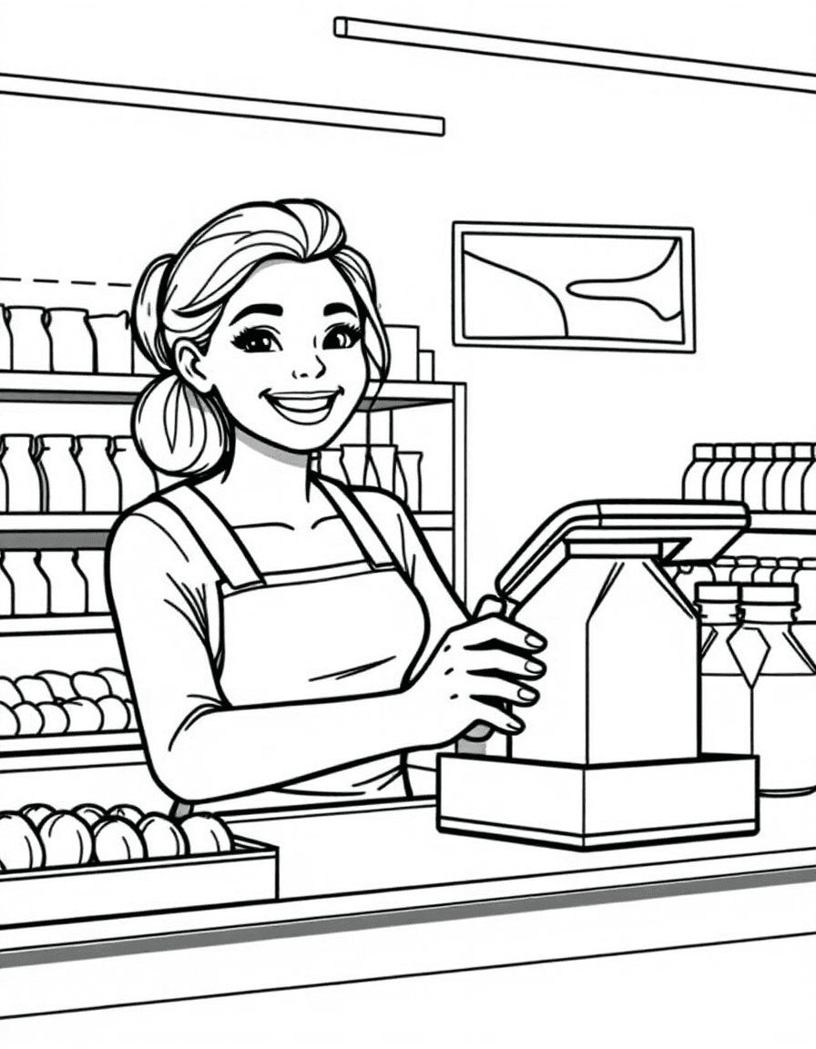 Coloriage Caissière - Caissière souriante à la caisse d'un supermarché scannant une brique de lait avec le lecteur code-barres, contours nets.