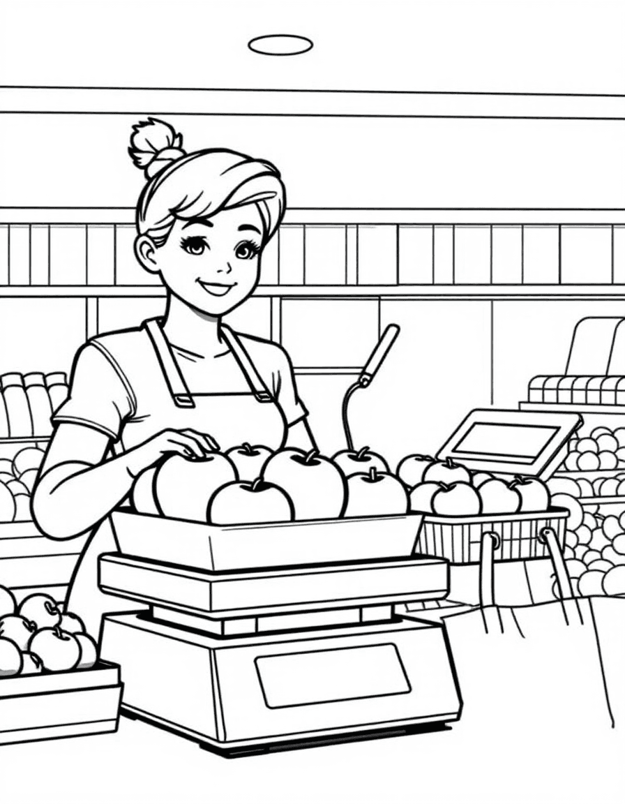 Coloriage Caissière - Caissière pesant un sachet de belles pommes sur la balance de la caisse devant un client souriant, dessin simple.
