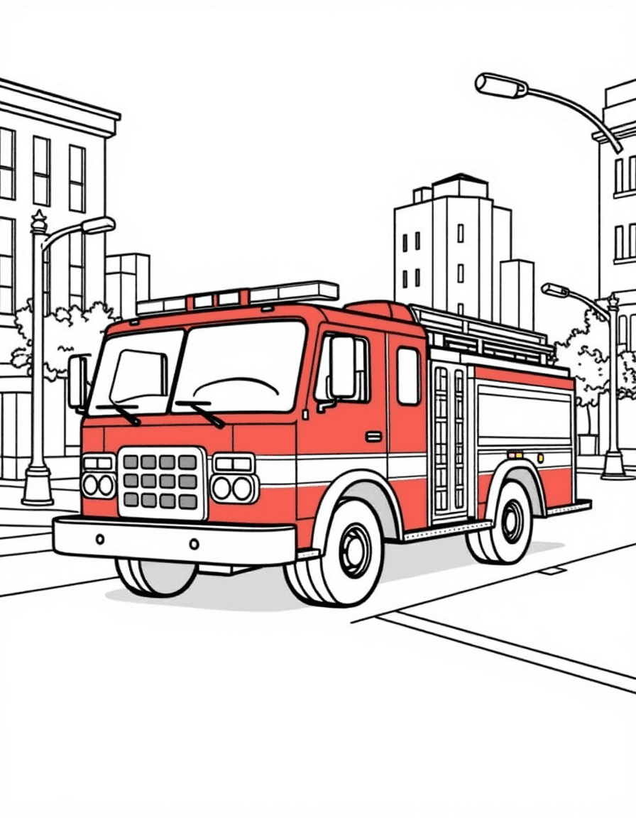 Coloriage Camion de pompier - Grand camion de pompiers rouge filant dans la rue avec gyrophares allumés et sirène retentissante, contours nets.