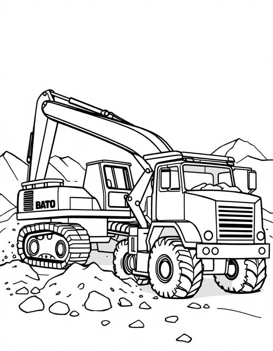Coloriage Chantier - Chantier en activité avec une grande pelleteuse jaune creusant la terre et chargeant un camion-benne, contours nets.
